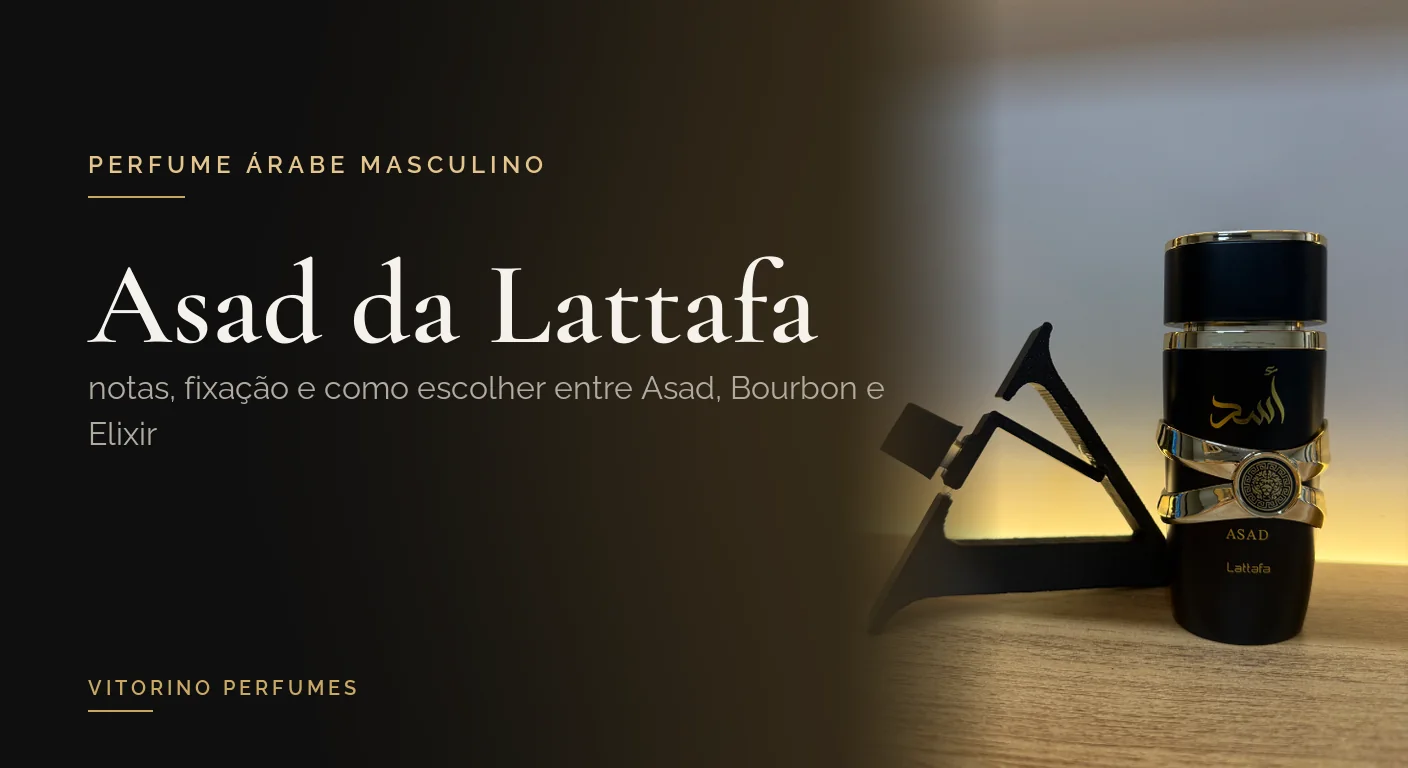 Frasco do perfume Asad, da Lattafa, sobre a bancada da Vitorino Perfumes ao lado do título do artigo
