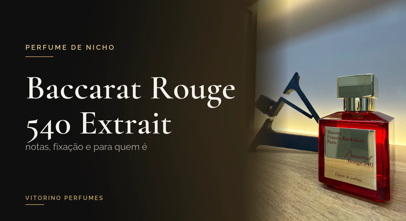 Frasco do perfume Baccarat Rouge 540 Extrait sobre a bancada da Vitorino Perfumes ao lado do título do artigo