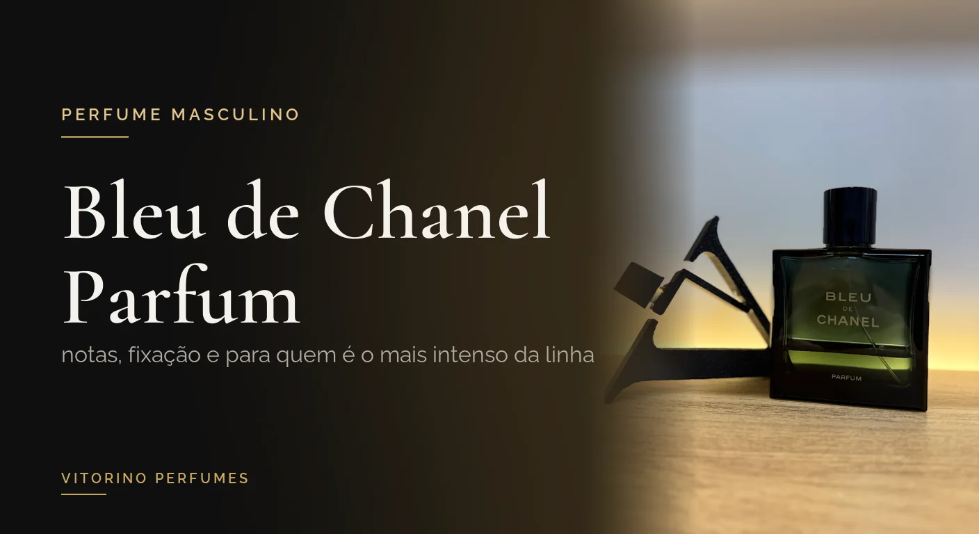 Frasco do perfume Bleu de Chanel Parfum sobre a bancada da Vitorino Perfumes ao lado do título do artigo