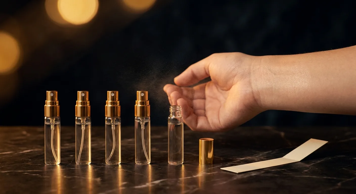 Frascos de decant alinhados sobre mármore escuro ao lado de fitas de teste, prontos para escolher um perfume