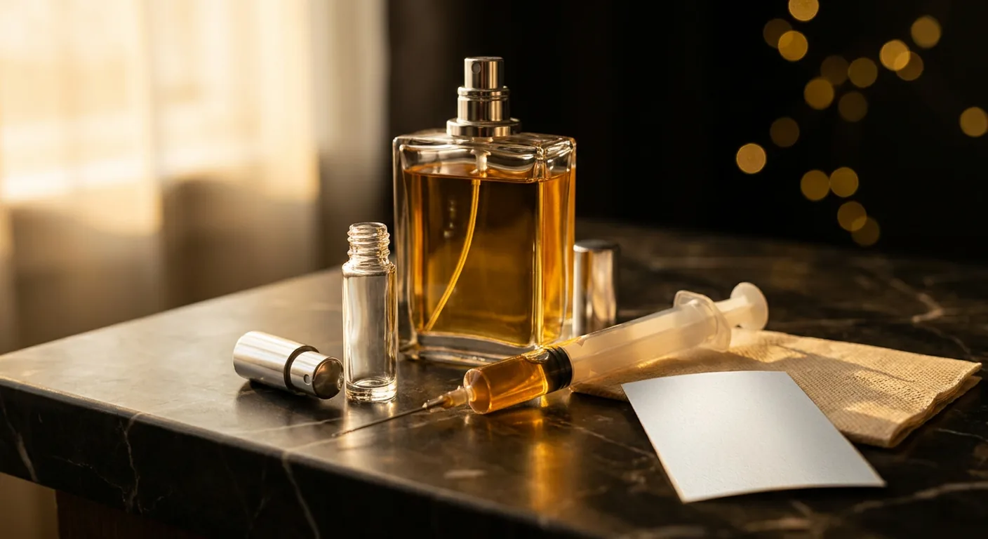 Frasco de vidro para decant, seringa e funil sobre bancada clara, ao lado de um frasco de perfume importado