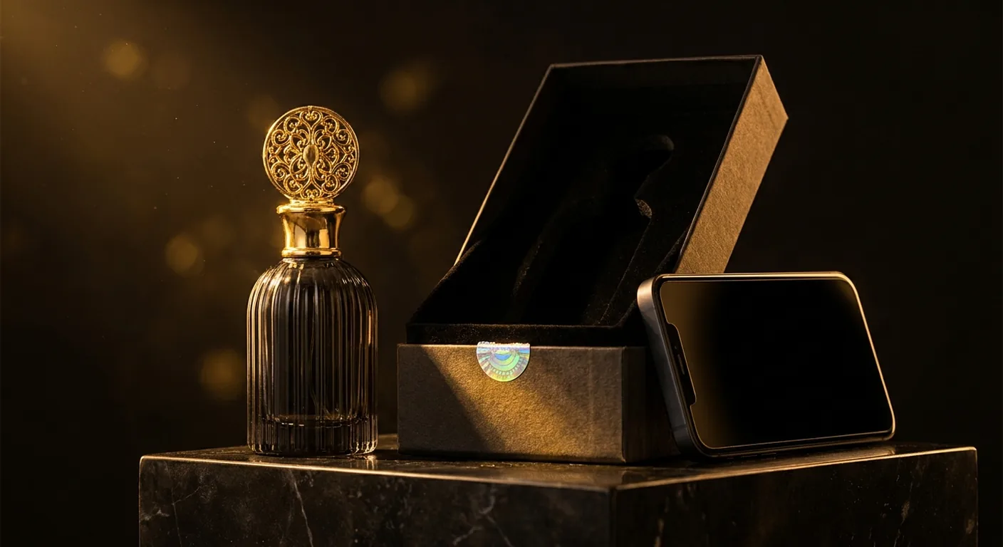 Frasco de perfume árabe sobre superfície escura, com a caixa ao lado exibindo o selo holográfico e o código de lote