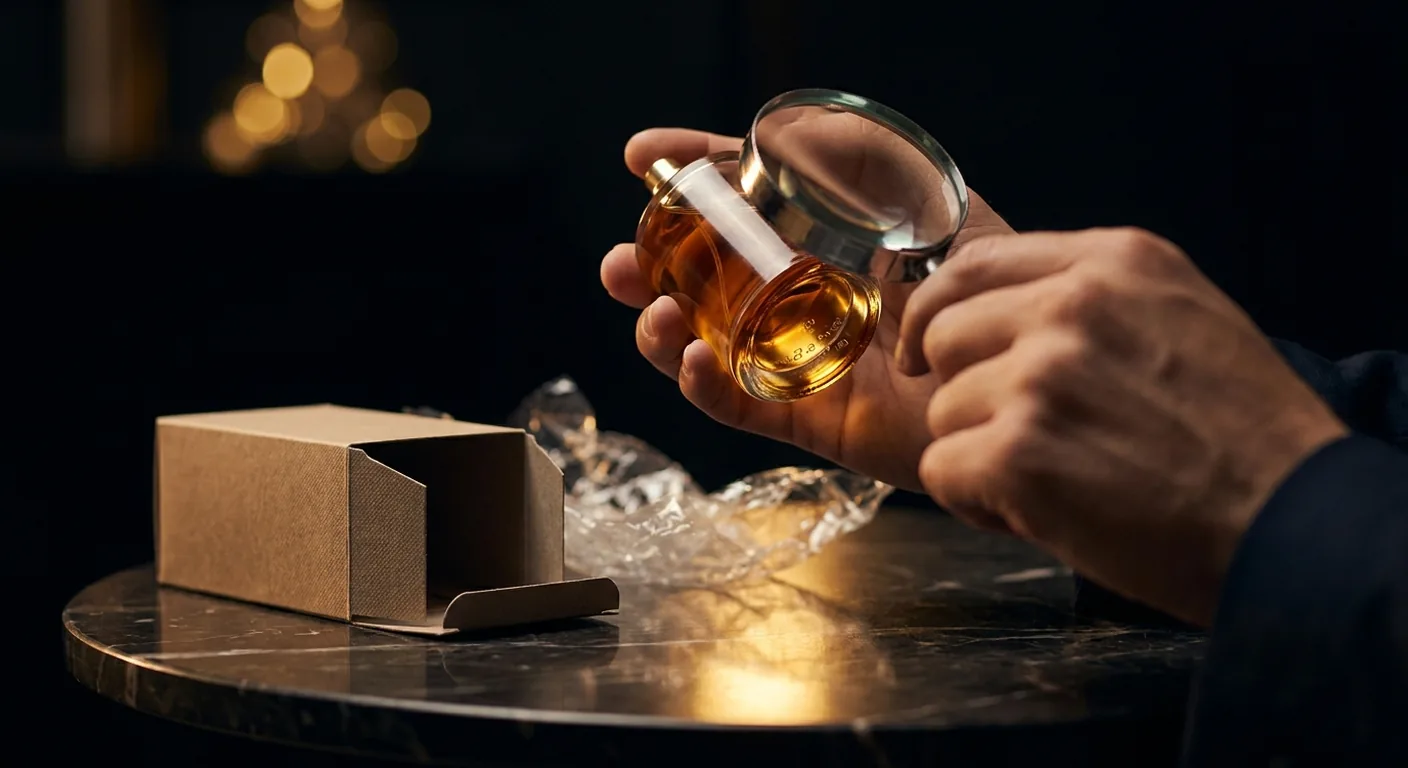 Mãos segurando um frasco de perfume importado contra a luz, com a base do frasco e o código de lote visíveis
