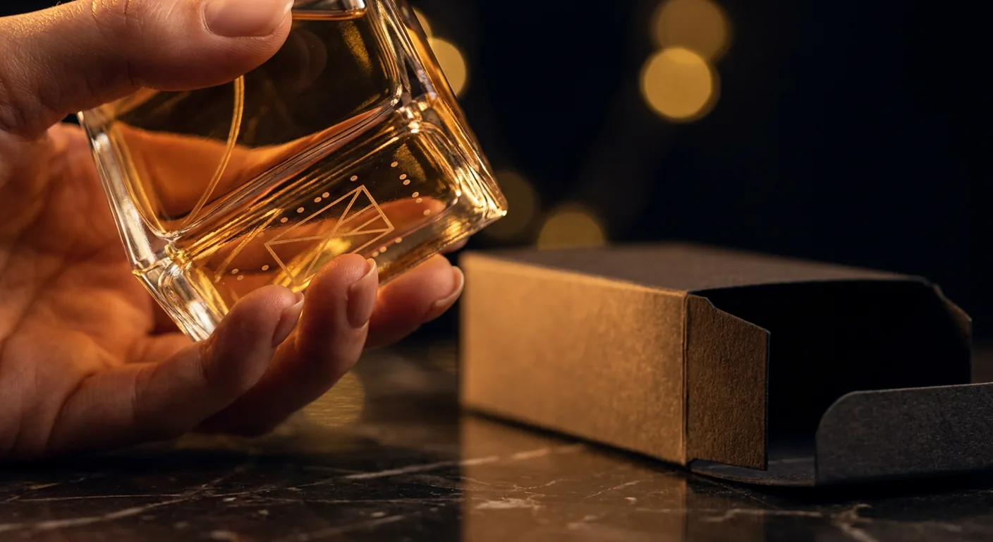 Base de um frasco de perfume importado de grife virada para cima, com o código de lote gravado no vidro visível