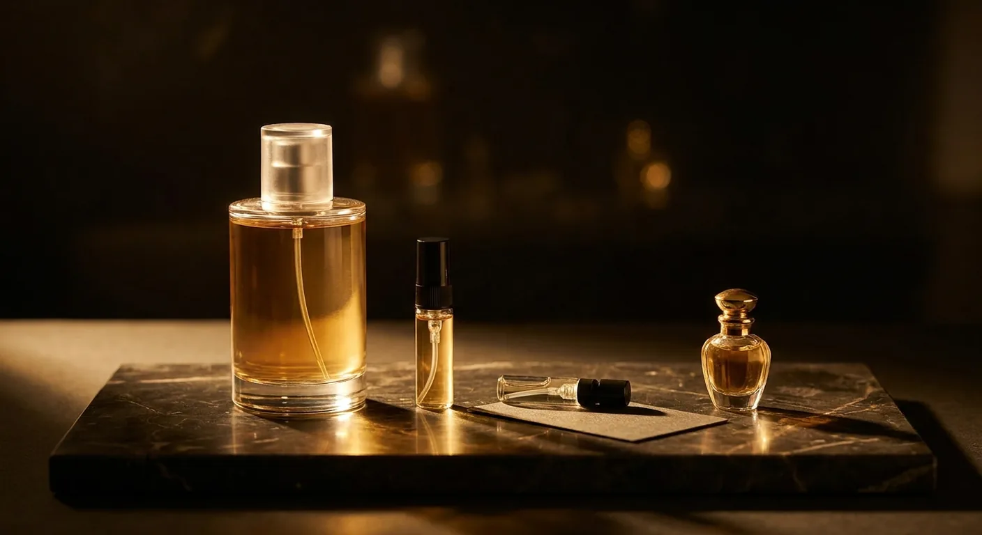 Quatro formatos de perfume lado a lado sobre superfície escura: frasco tester sem caixa, decant de 5 ml, vial de amostra e miniatura