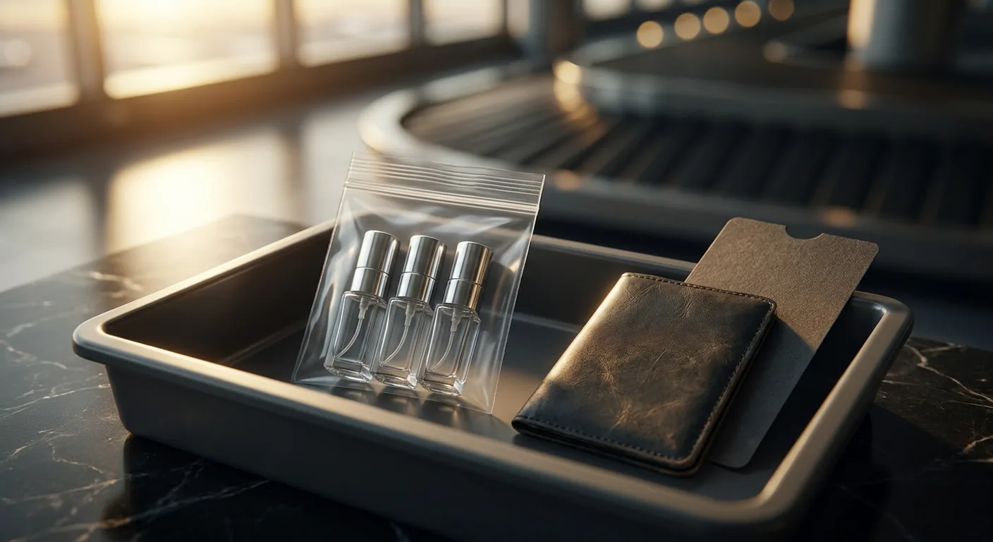Decants de perfume de 5 ml dentro de saco plástico transparente com fecho, ao lado de passaporte e cartão de embarque
