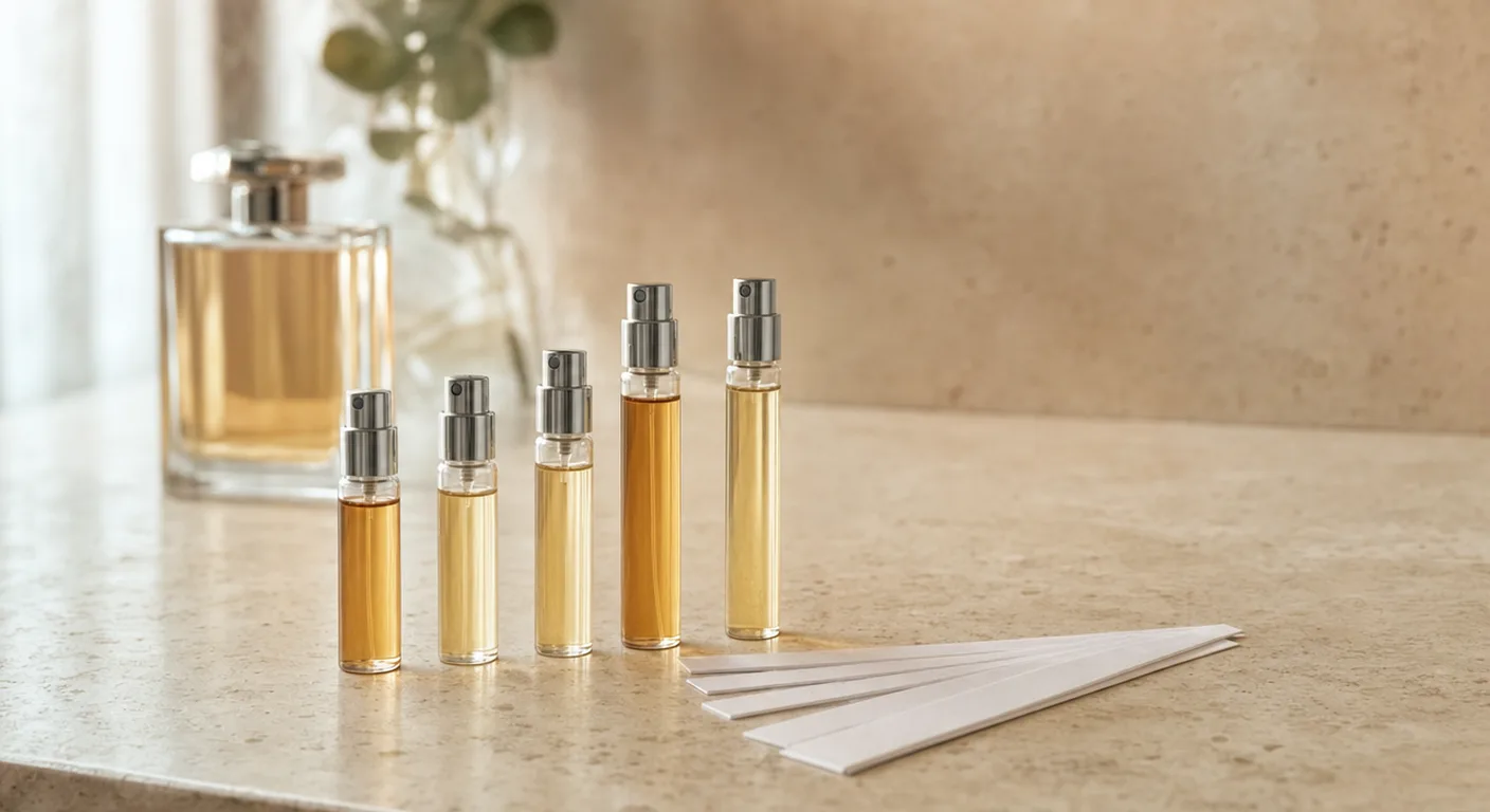 Frascos pequenos de decant de perfume, de tamanhos diferentes, lado a lado sobre uma superfície clara