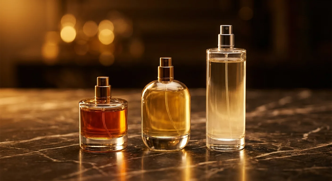 Dois frascos de perfume lado a lado sobre superfície escura, um rotulado eau de parfum e outro eau de toilette