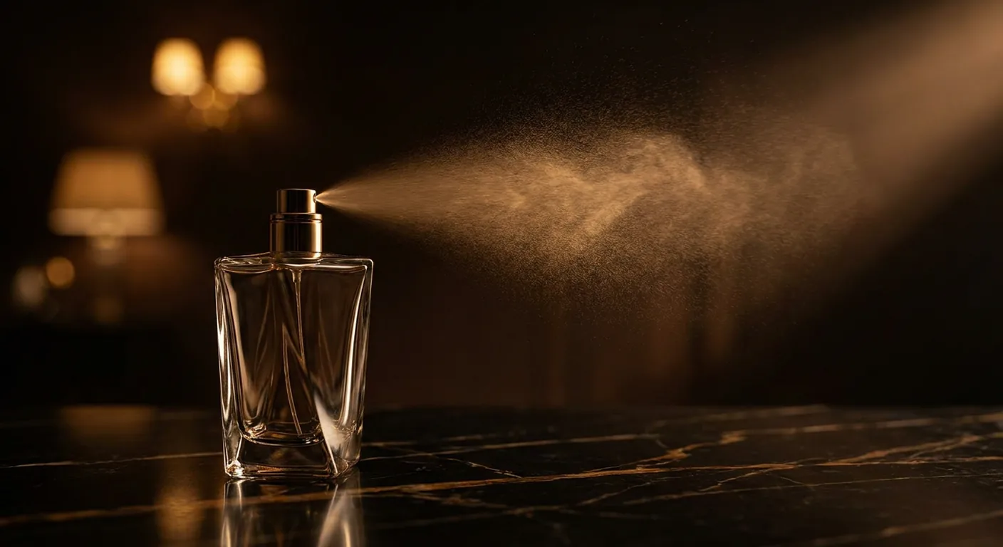 Frasco de perfume sobre superfície escura com névoa de borrifada suspensa no ar, iluminada de lado