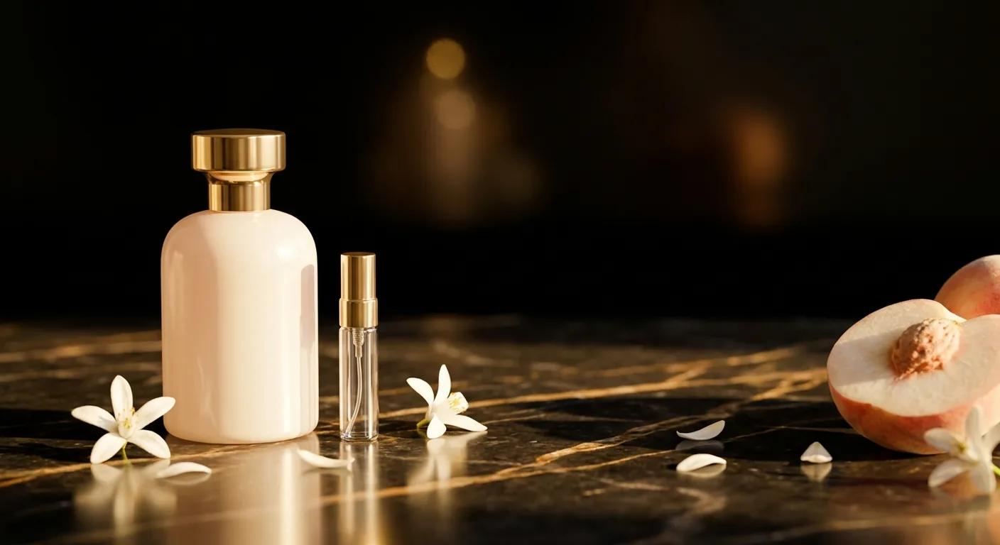 Frasco de perfume feminino claro sobre superfície de mármore, ao lado de um decant de vidro, em luz suave