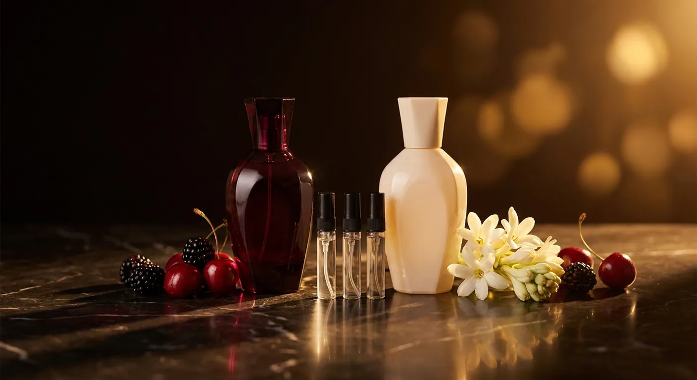 Frasco de perfume feminino escuro ao lado de decants de vidro sobre superfície de mármore, com cerejas e flores brancas ao fundo