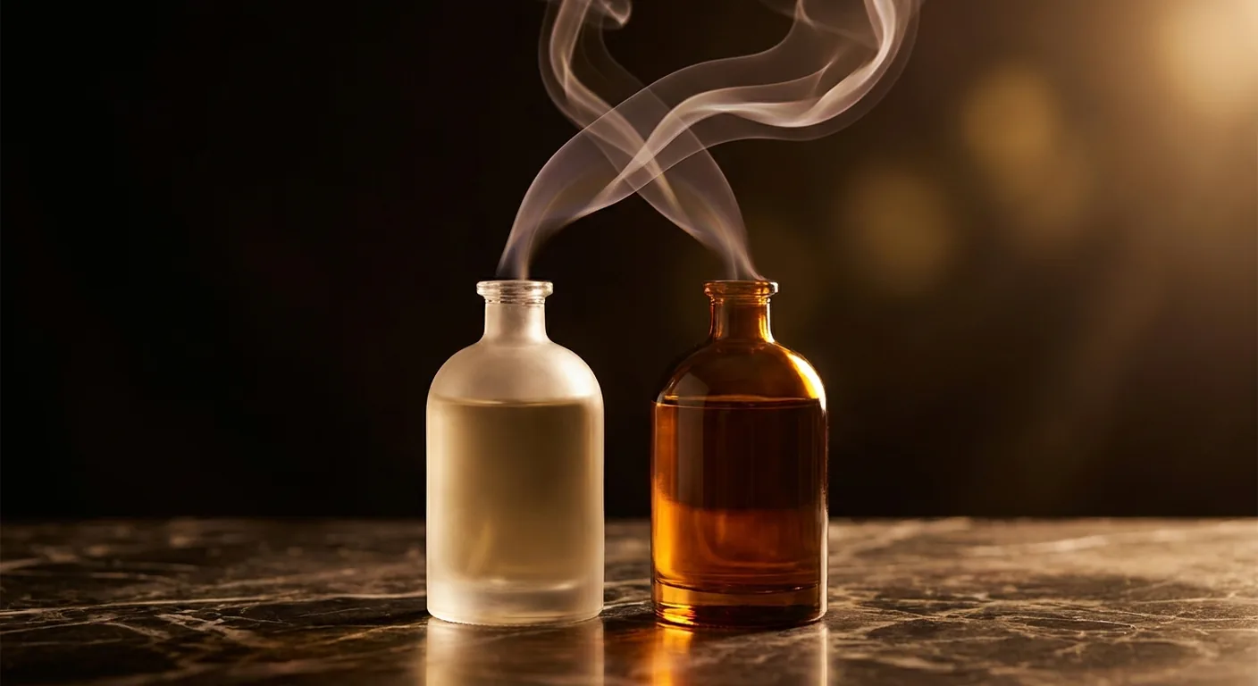 Dois frascos de perfume lado a lado sobre mármore escuro, um claro e um âmbar, representando a sobreposição de fragrâncias