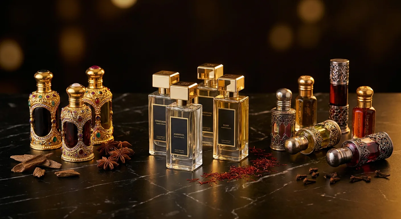 Vários frascos de perfumes árabes de marcas diferentes alinhados sobre superfície escura, com etiquetas douradas visíveis