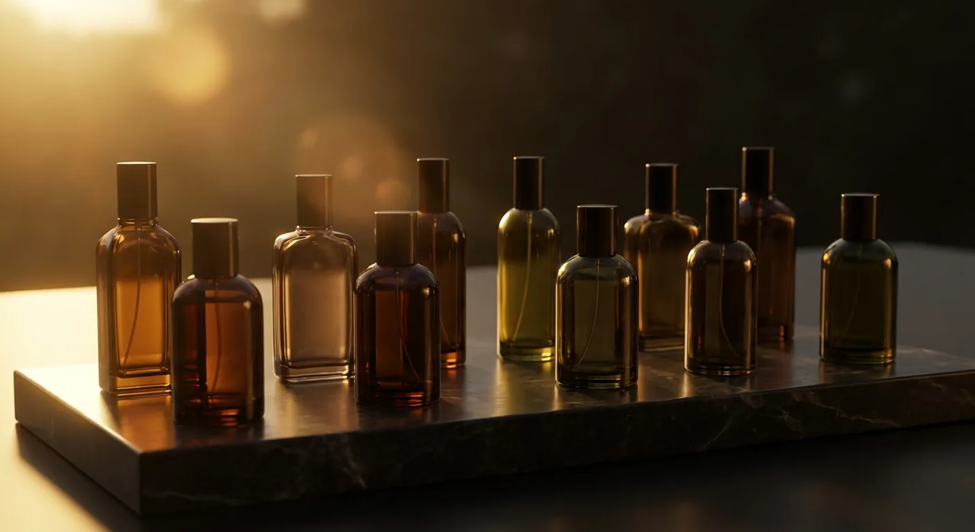 Diversos frascos de perfume de nicho de marcas diferentes alinhados sobre superfície escura, com iluminação lateral
