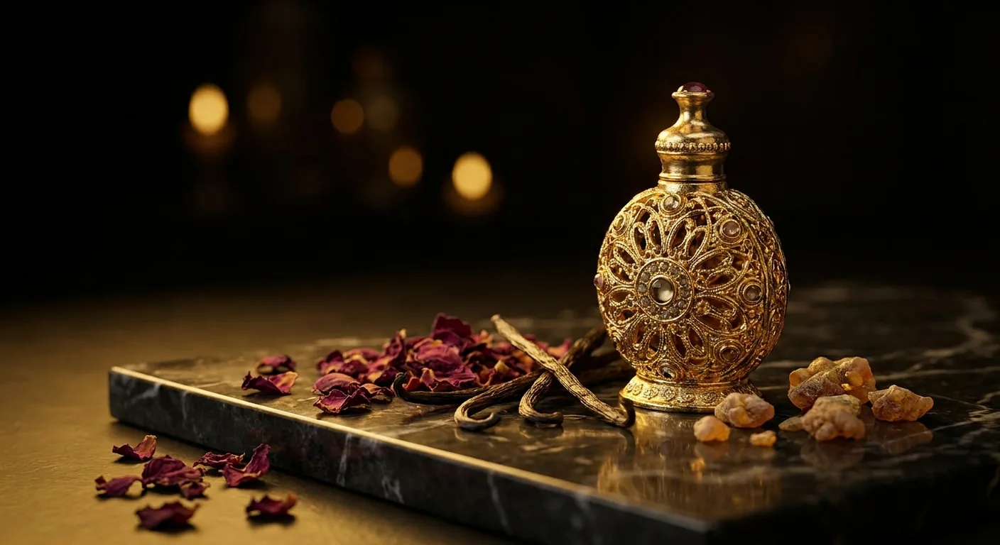 Frascos de perfumes árabes femininos em tons dourados e âmbar alinhados sobre superfície escura, ao lado de decants de vidro