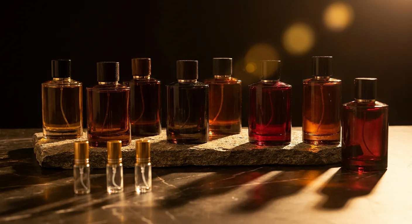 Frascos de perfumes árabes masculinos em tons escuros e dourados sobre superfície de pedra, ao lado de decants de vidro