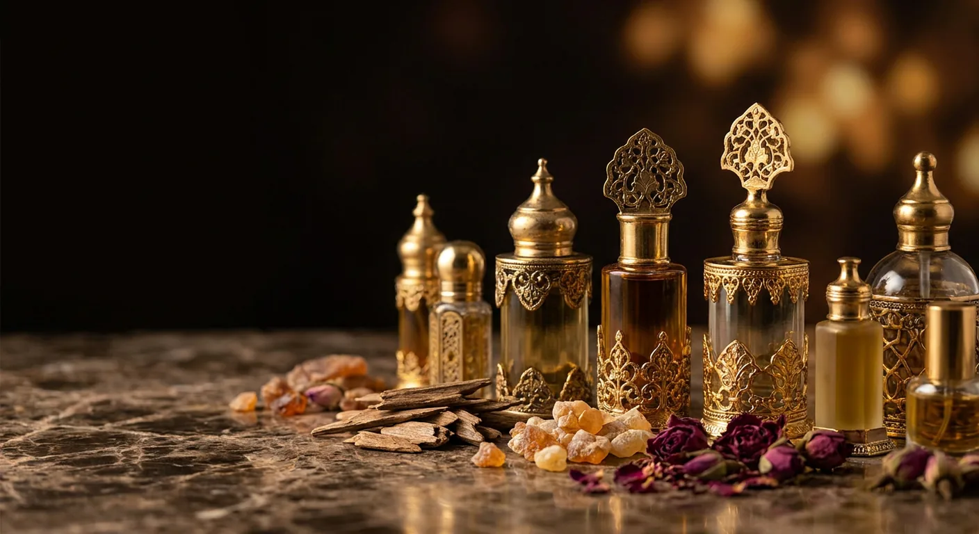 Frascos dourados de perfumes árabes alinhados sobre superfície escura, com destaque para lascas de madeira de oud e especiarias ao lado