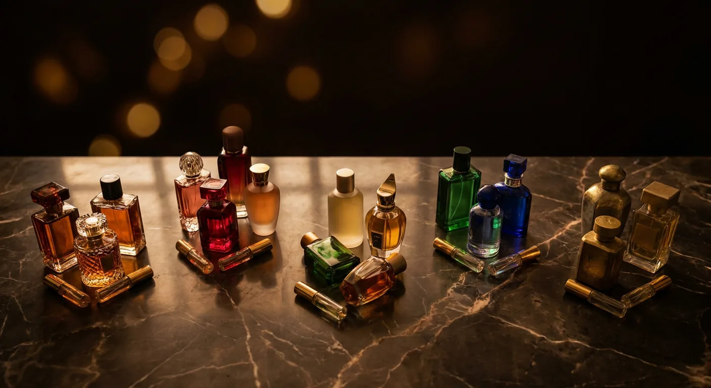 Frascos de perfumes femininos importados alinhados sobre superfície clara, ao lado de decants de vidro com tampa dourada