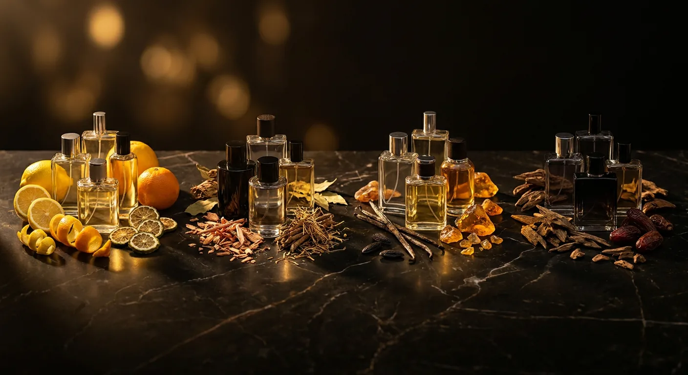 Frascos de perfumes masculinos de grife, de nicho e árabes agrupados por perfil olfativo sobre superfície de pedra escura