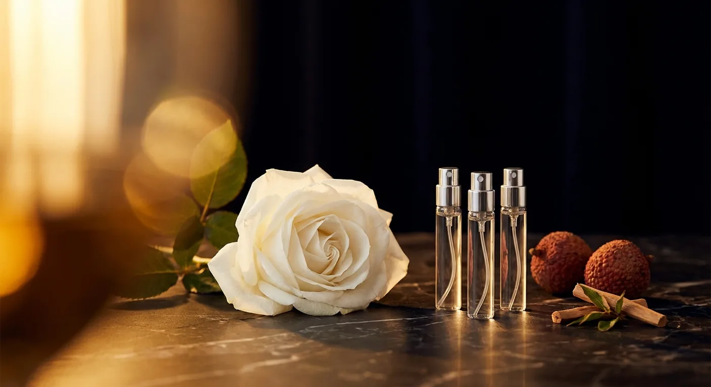 Rosa branca sobre superfície de mármore claro ao lado de frascos de decant de vidro, referência ao perfume Natura Aura Alba