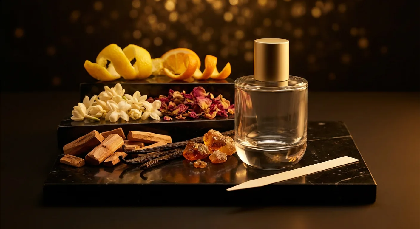 Frascos de perfume sobre mármore escuro com fita de teste, ilustrando as fases de topo, coração e fundo de uma fragrância