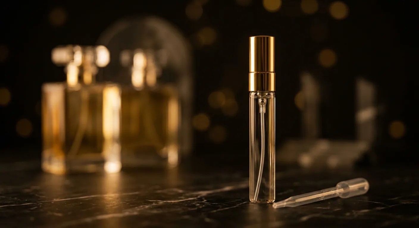 Frasco de decant de vidro com tampa dourada sobre mármore escuro, ao lado de frascos de perfumes importados