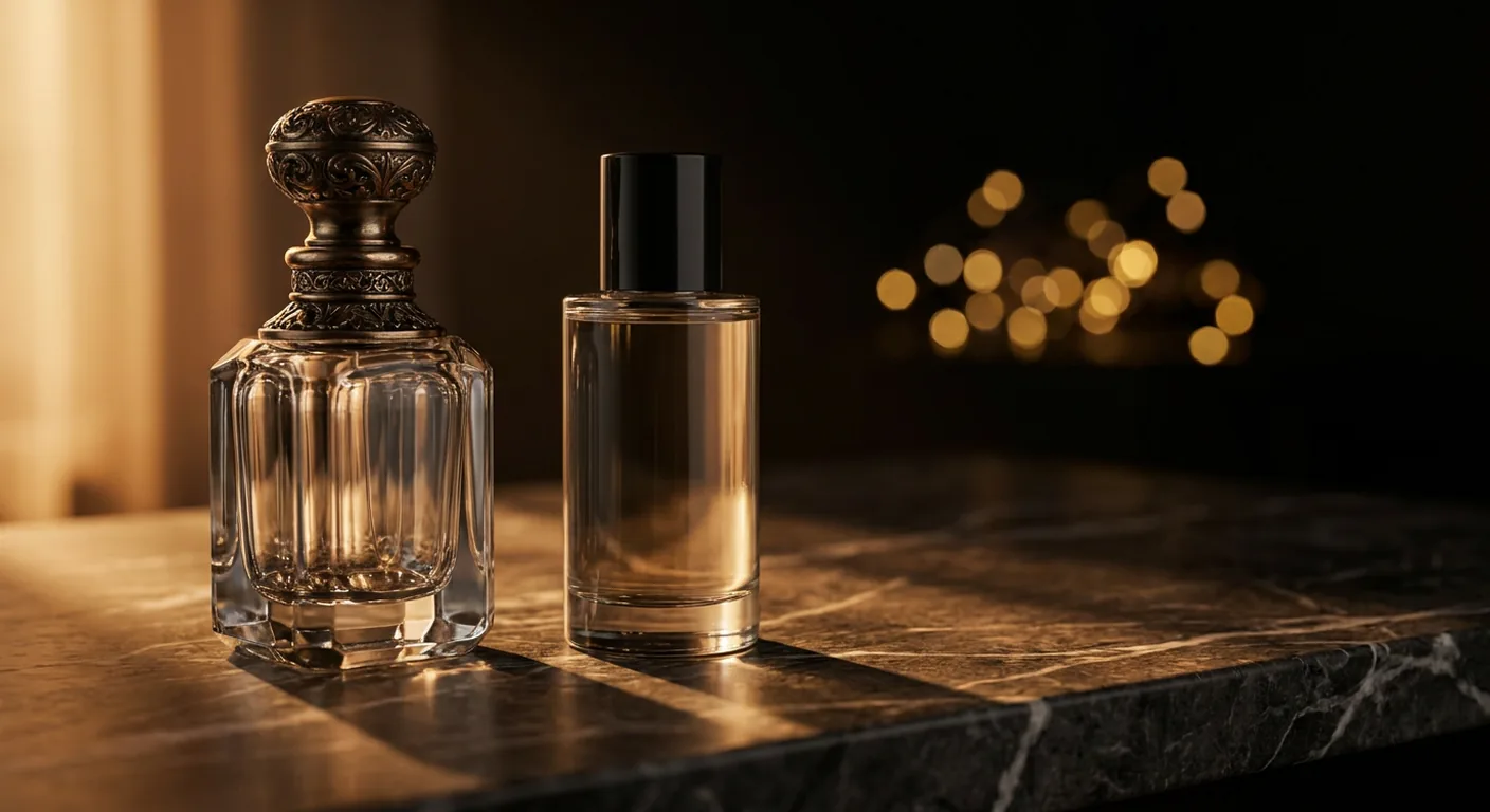 Dois frascos de perfume lado a lado sobre mármore escuro, um importado e um sem marca, representando a diferença entre original e contratipo