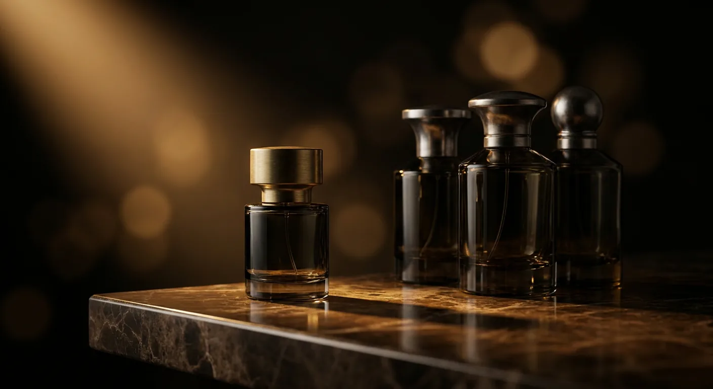 Frascos de perfume de nicho em vidro escuro sobre superfície de pedra, com iluminação lateral baixa