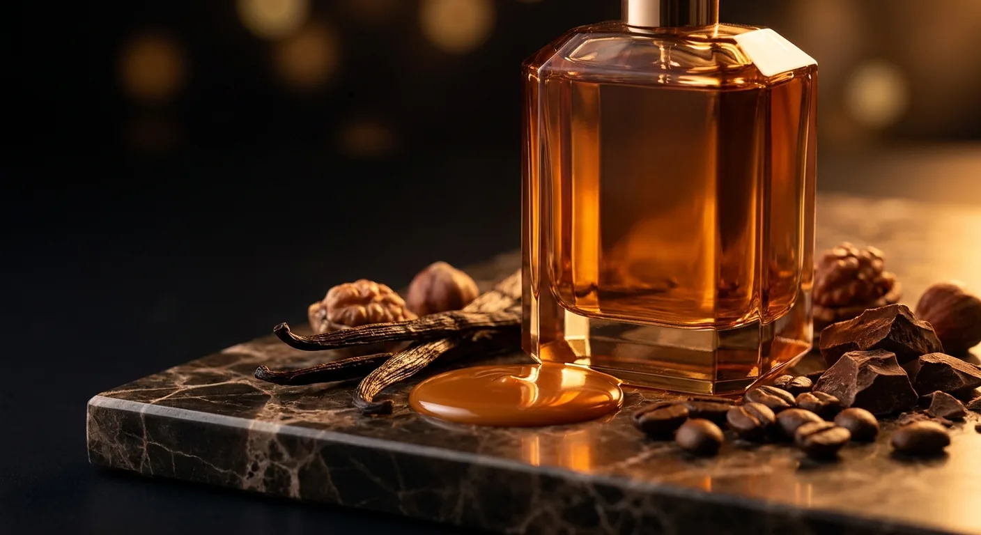 Frasco de perfume âmbar sobre mármore escuro ao lado de fava de baunilha, caramelo e grãos de café, representando a família gourmand