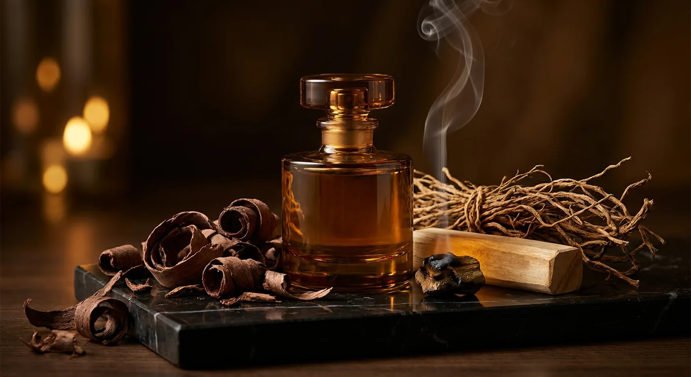 Frasco de perfume âmbar sobre lascas de madeira e raízes secas, em mármore escuro, representando a família amadeirada