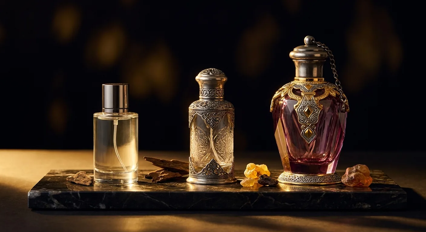 Três frascos de perfume árabe de acabamentos diferentes lado a lado sobre superfície escura, do mais simples ao mais trabalhado