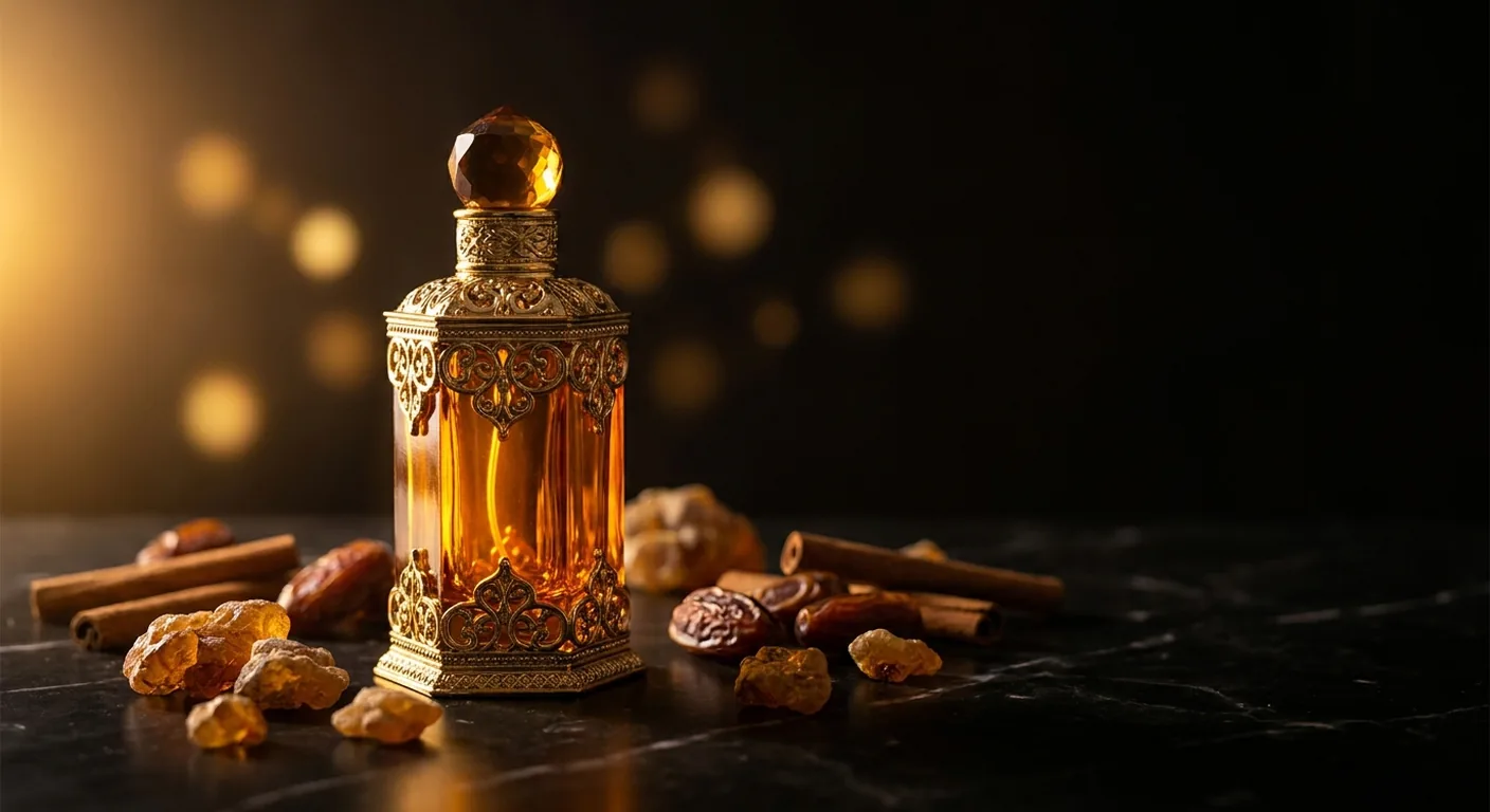 Frasco de perfume árabe dourado sobre superfície escura, iluminado de lado, com a caixa desfocada ao fundo