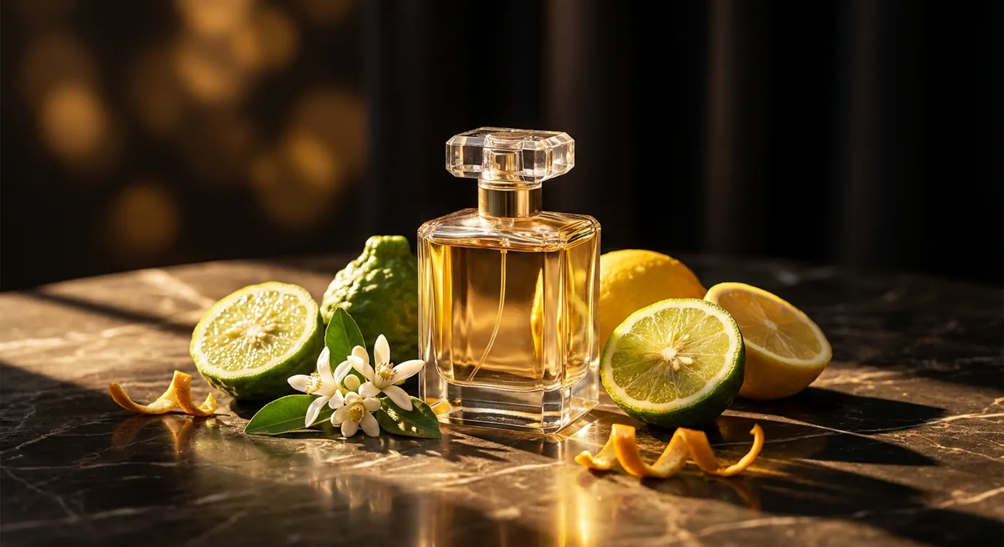 Frasco de perfume cítrico de vidro âmbar claro ao lado de cascas de bergamota e limão sobre mármore escuro