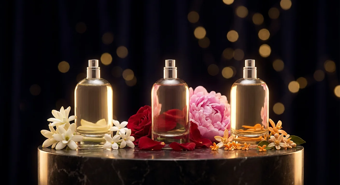 Frascos de perfumes florais importados ao lado de pétalas de rosa e flores brancas sobre mármore escuro