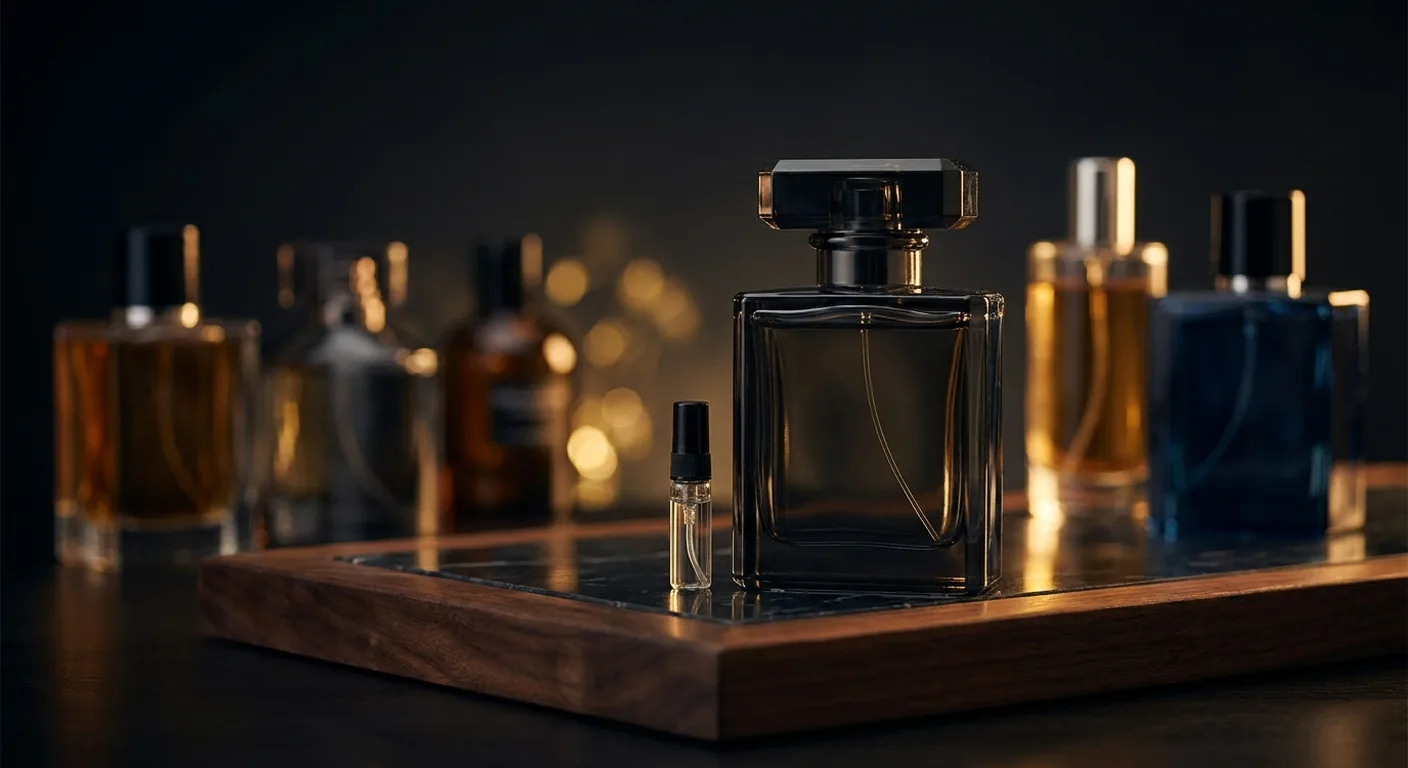 Frascos de perfumes masculinos de diferentes tamanhos e preços alinhados sobre madeira escura, com um decant de 5 ml em primeiro plano