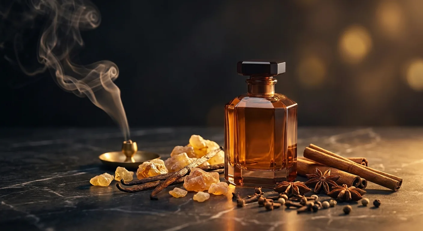 Frasco de perfume âmbar sobre superfície escura, cercado por resinas, lascas de madeira e especiarias em tons quentes
