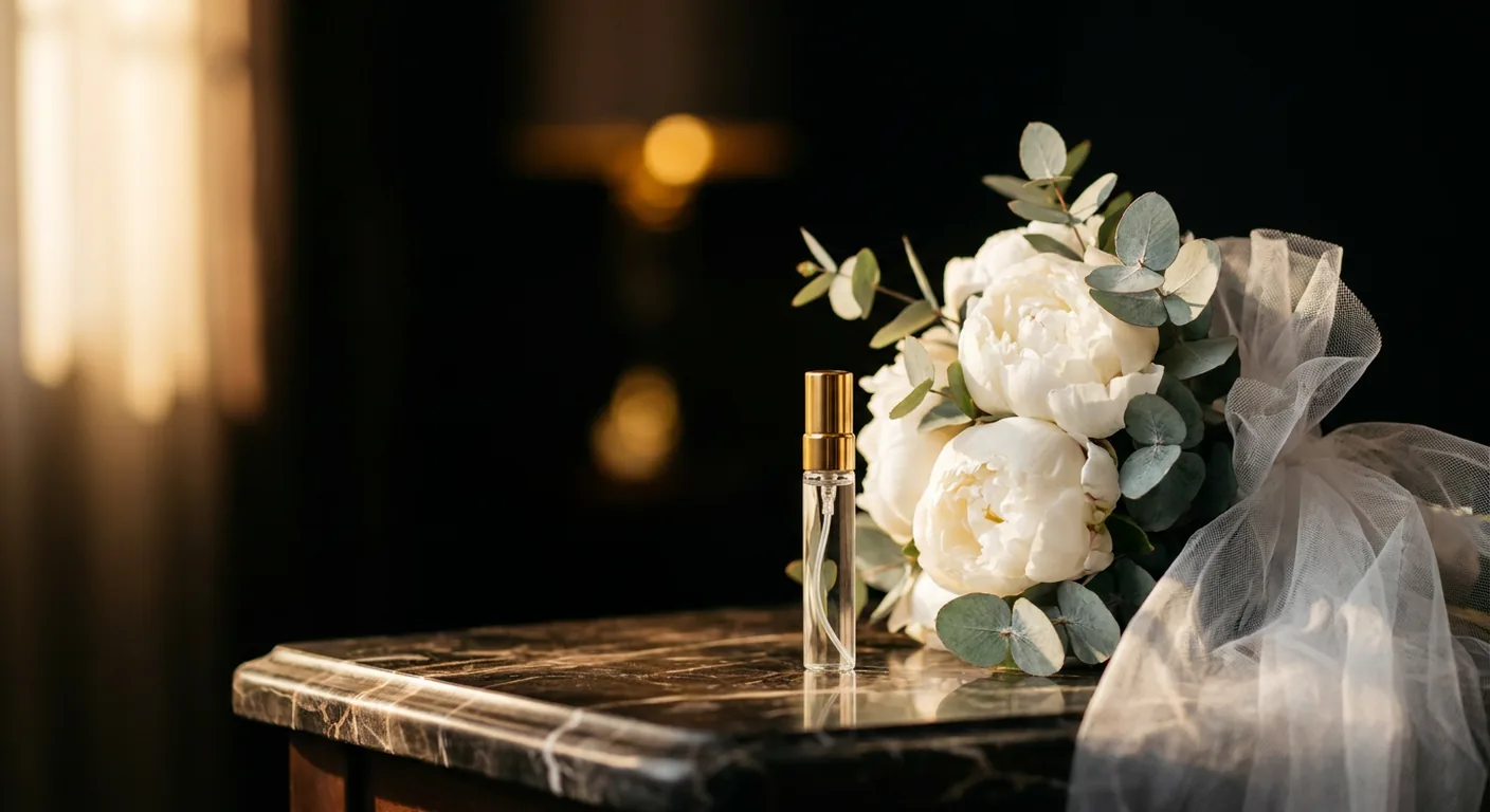 Frasco de decant ao lado de um buquê de flores claras e de um véu sobre mármore claro, em cena de preparação de noiva