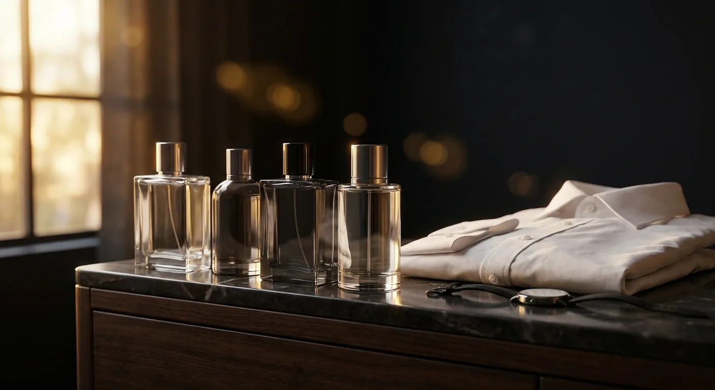 Frascos de perfumes masculinos importados alinhados sobre bancada de madeira clara com luz natural de manhã