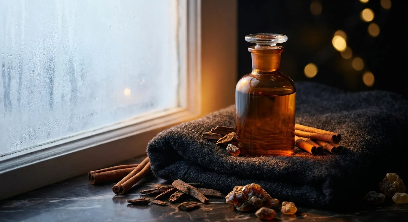 Frasco de perfume âmbar sobre cachecol de lã escuro, ao lado de lascas de madeira e canela, com luz fria de janela ao fundo
