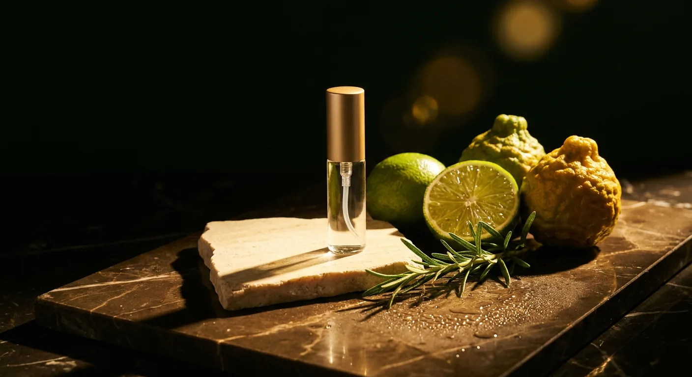 Frasco de decant de perfume sobre pedra clara ao sol, ao lado de fatias de cítricos e folhas verdes