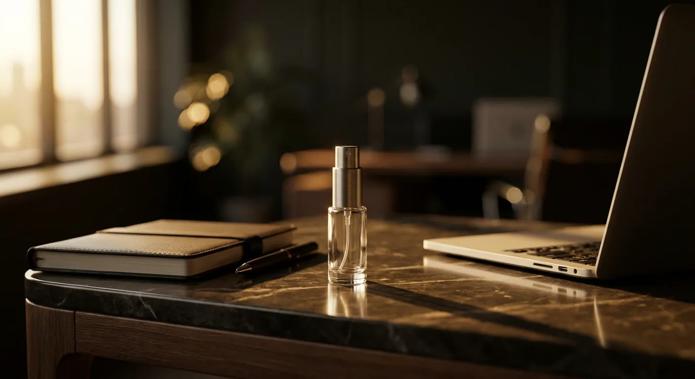Frasco pequeno de decant sobre mesa de escritório ao lado de caderno, caneta e notebook, com luz de janela