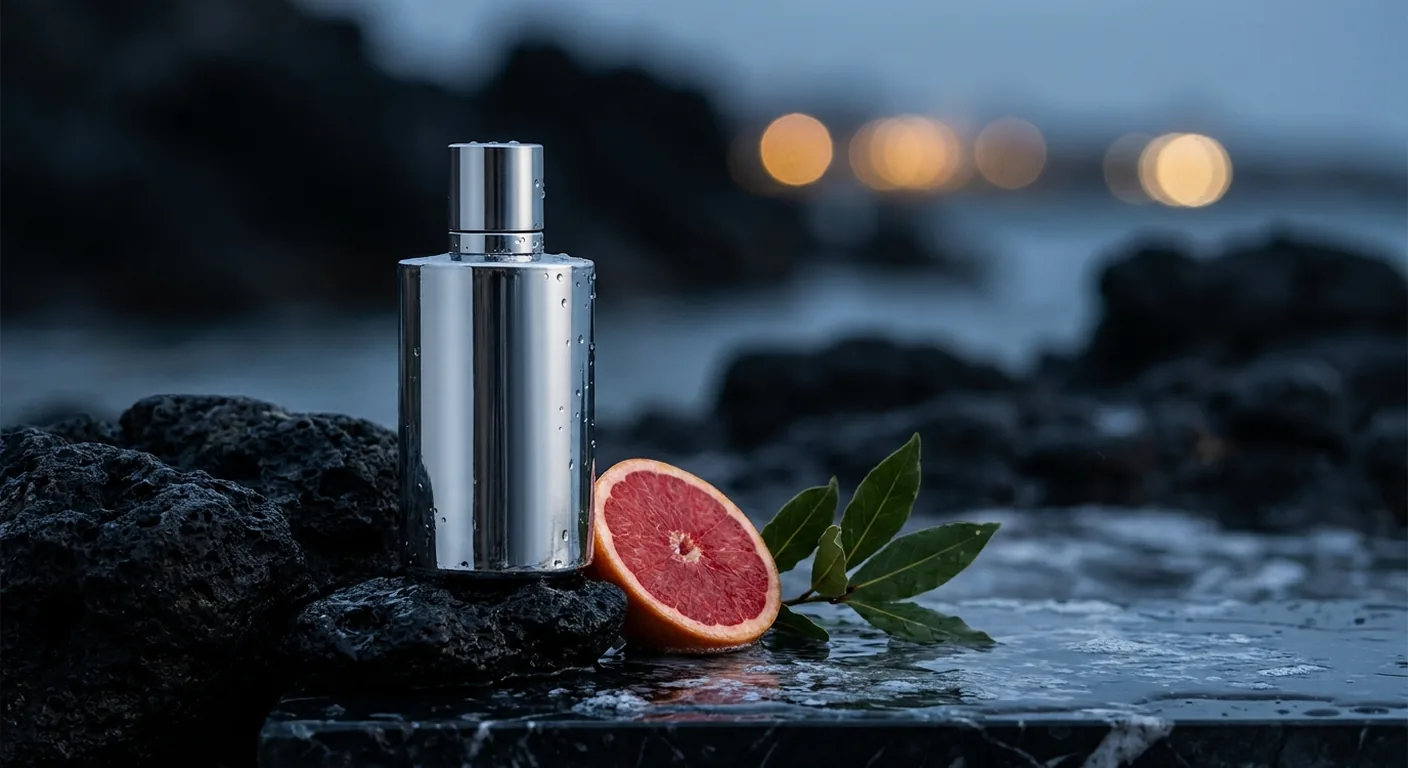 Frasco de perfume masculino em tom prateado sobre superfície escura molhada, com reflexo de água, sugerindo fragrância aquática