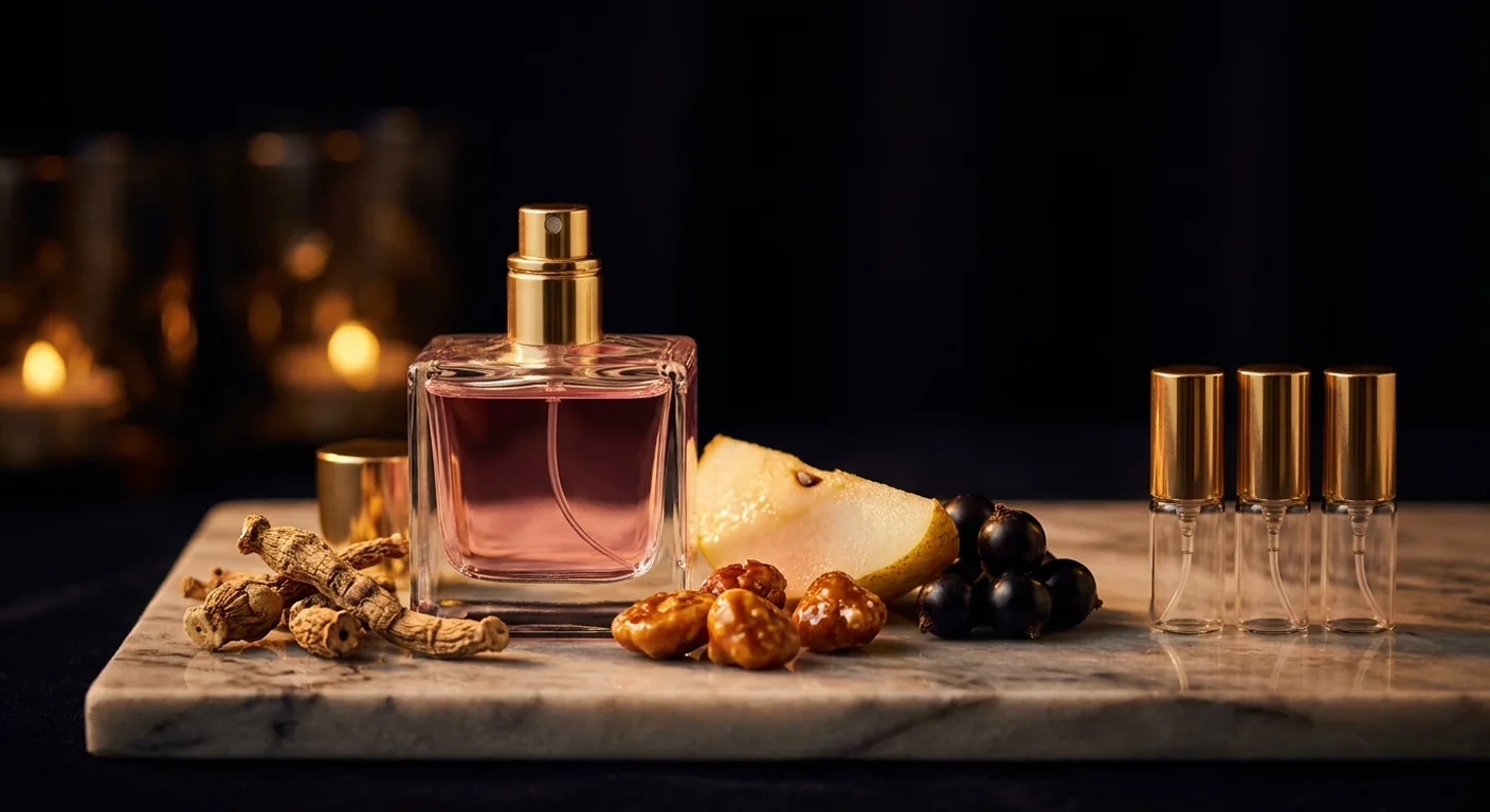 Frascos de decant de vidro alinhados sobre superfície clara, ao lado de um frasco de perfume feminino rosa com tampa dourada