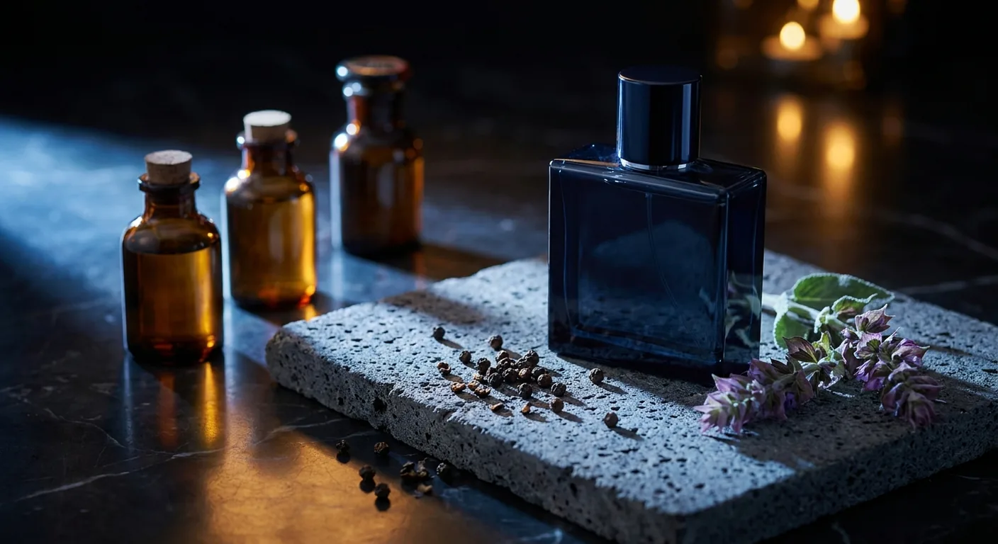 Frasco de perfume masculino azul escuro sobre pedra cinza, ao lado de dois frascos alternativos menores, sugerindo comparação entre fragrâncias parecidas