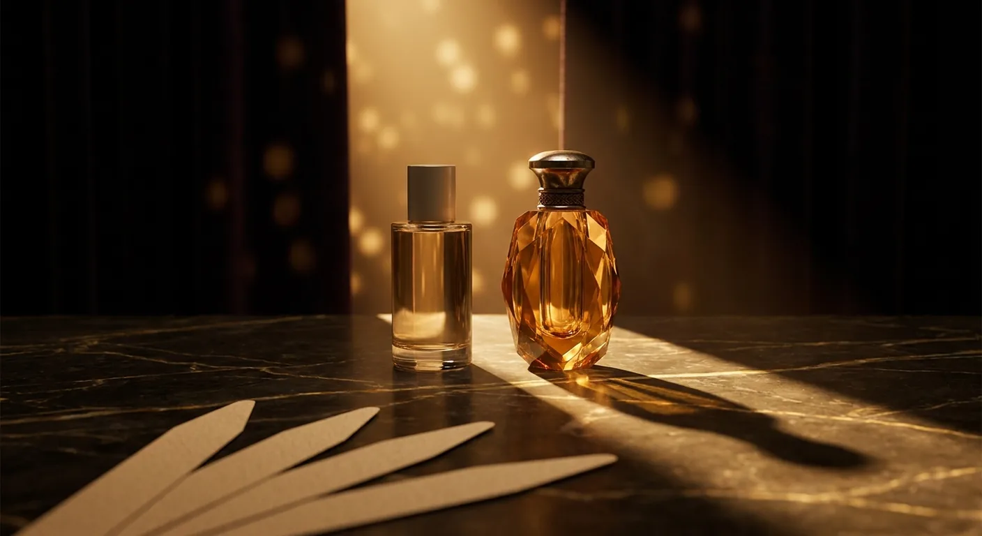 Dois frascos de perfume lado a lado sobre superfície escura, um nacional e um importado, sugerindo comparação entre fragrâncias