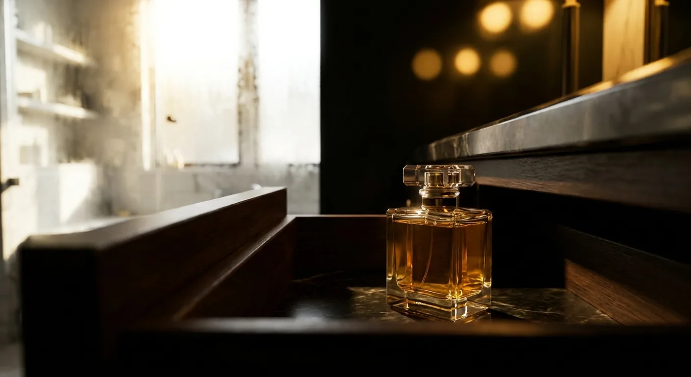 Frascos de perfume guardados em uma gaveta de madeira ao abrigo da luz, ao lado da caixa original