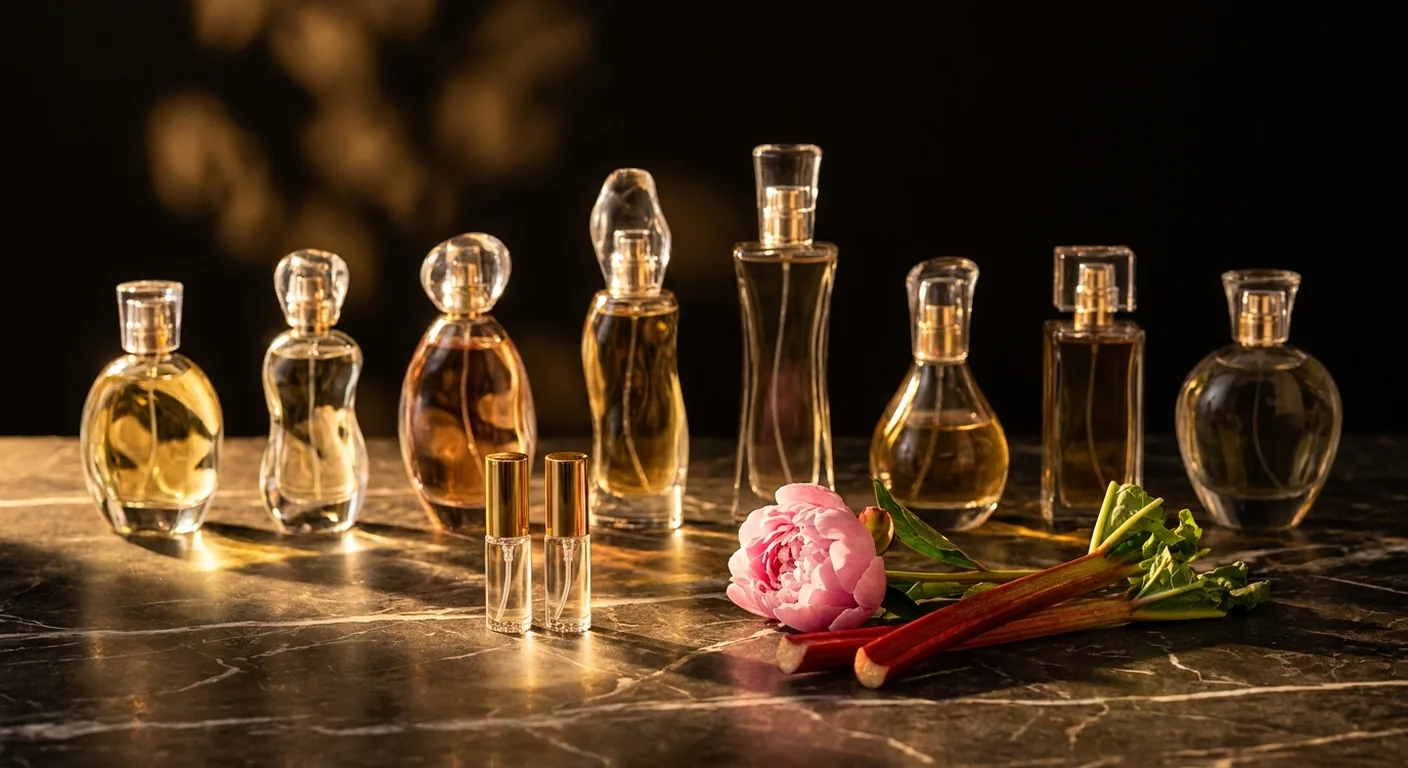 Frascos de perfumes de nicho femininos sobre superfície de pedra escura, ao lado de decants de vidro com tampa dourada