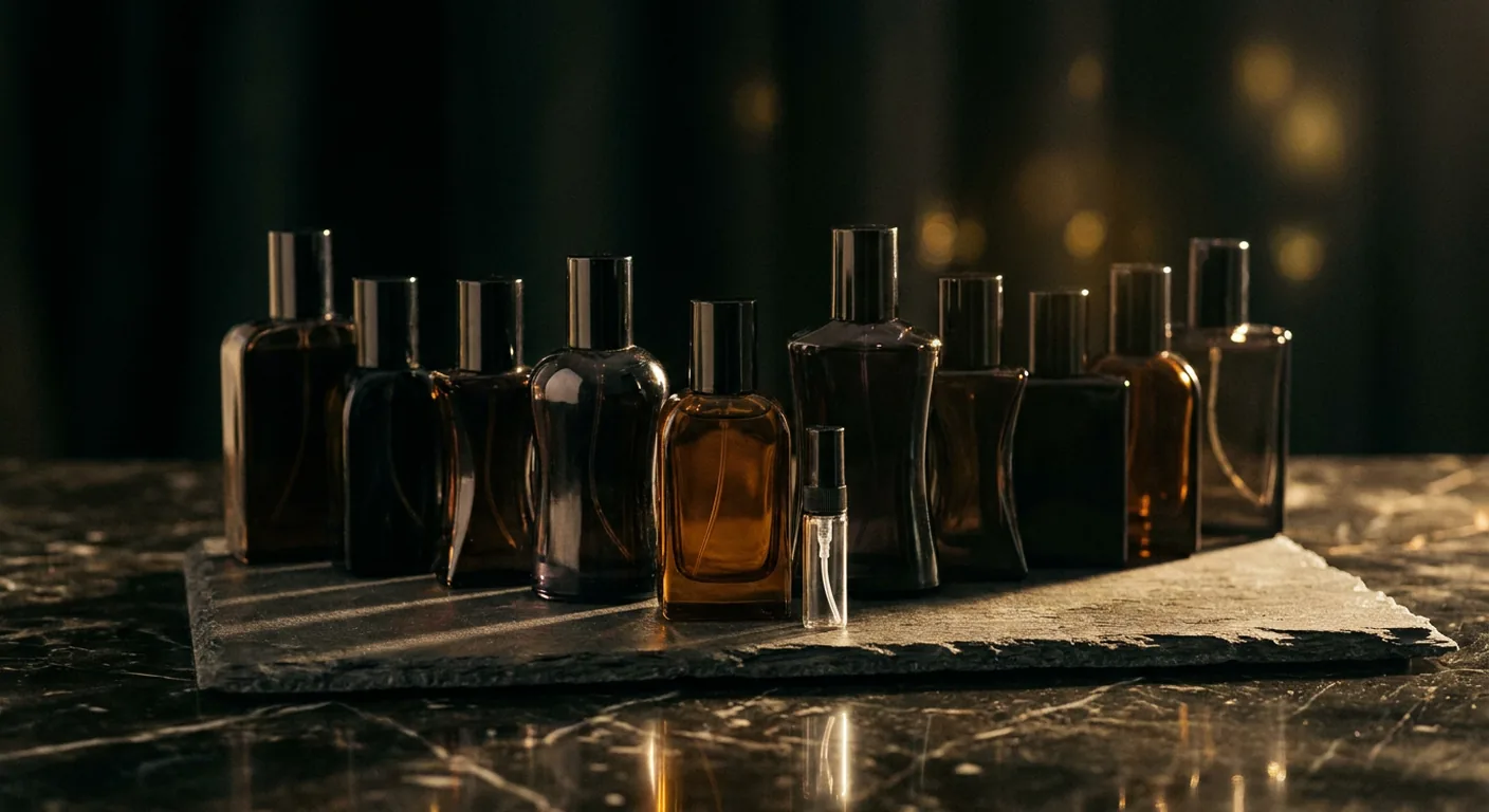 Frascos de perfumes de nicho masculinos alinhados sobre pedra escura, com luz lateral baixa destacando os vidros