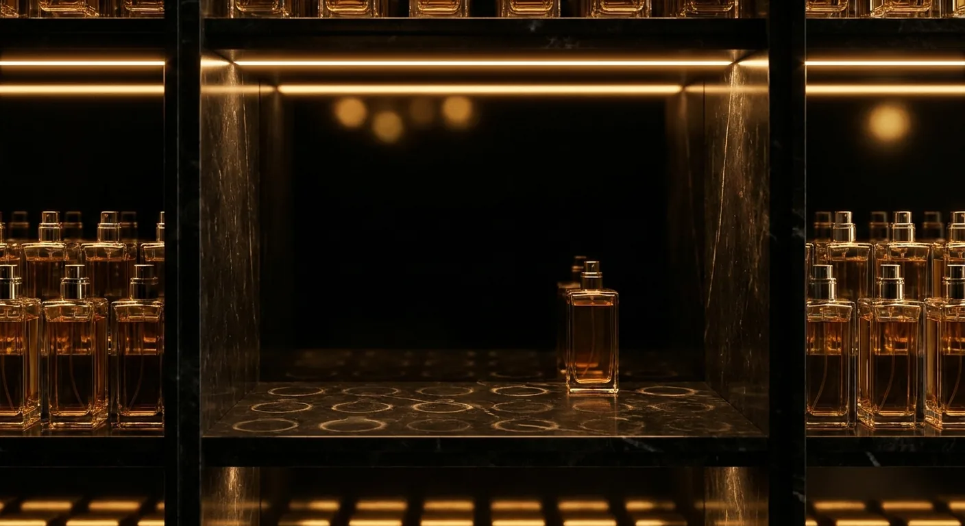 Frascos de perfumes importados femininos e masculinos mais vendidos alinhados em prateleira de perfumaria, com iluminação lateral