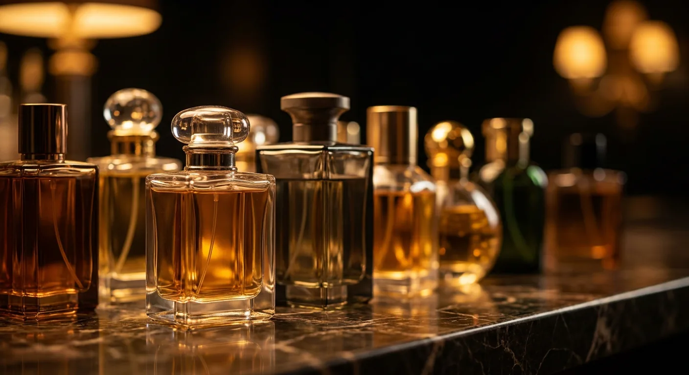 Frascos de perfumes masculinos importados e árabes alinhados sobre superfície escura, com destaque para os mais citados em comunidades de perfumaria